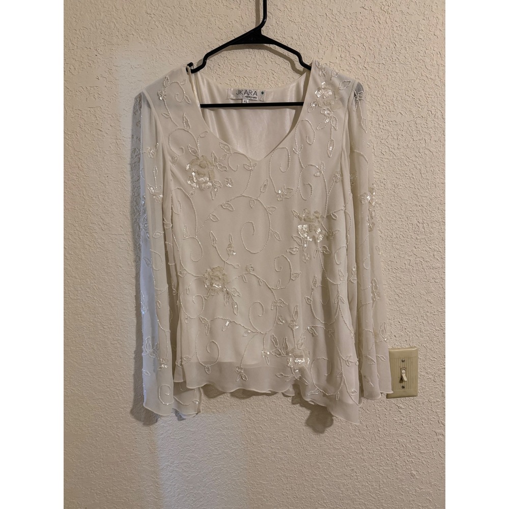 JKara New York Women Ivory Beaded Sequin Floral Chiffon‎ V-Neck Blouse XL Formal